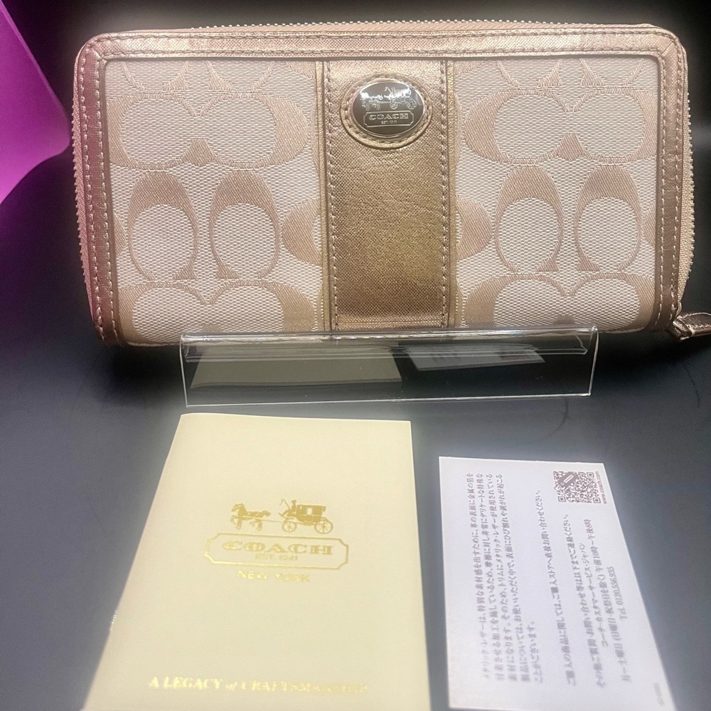 COACH Metallic Burnished Bronze/Gold and Tan Signature Wallet CC’s Stunning